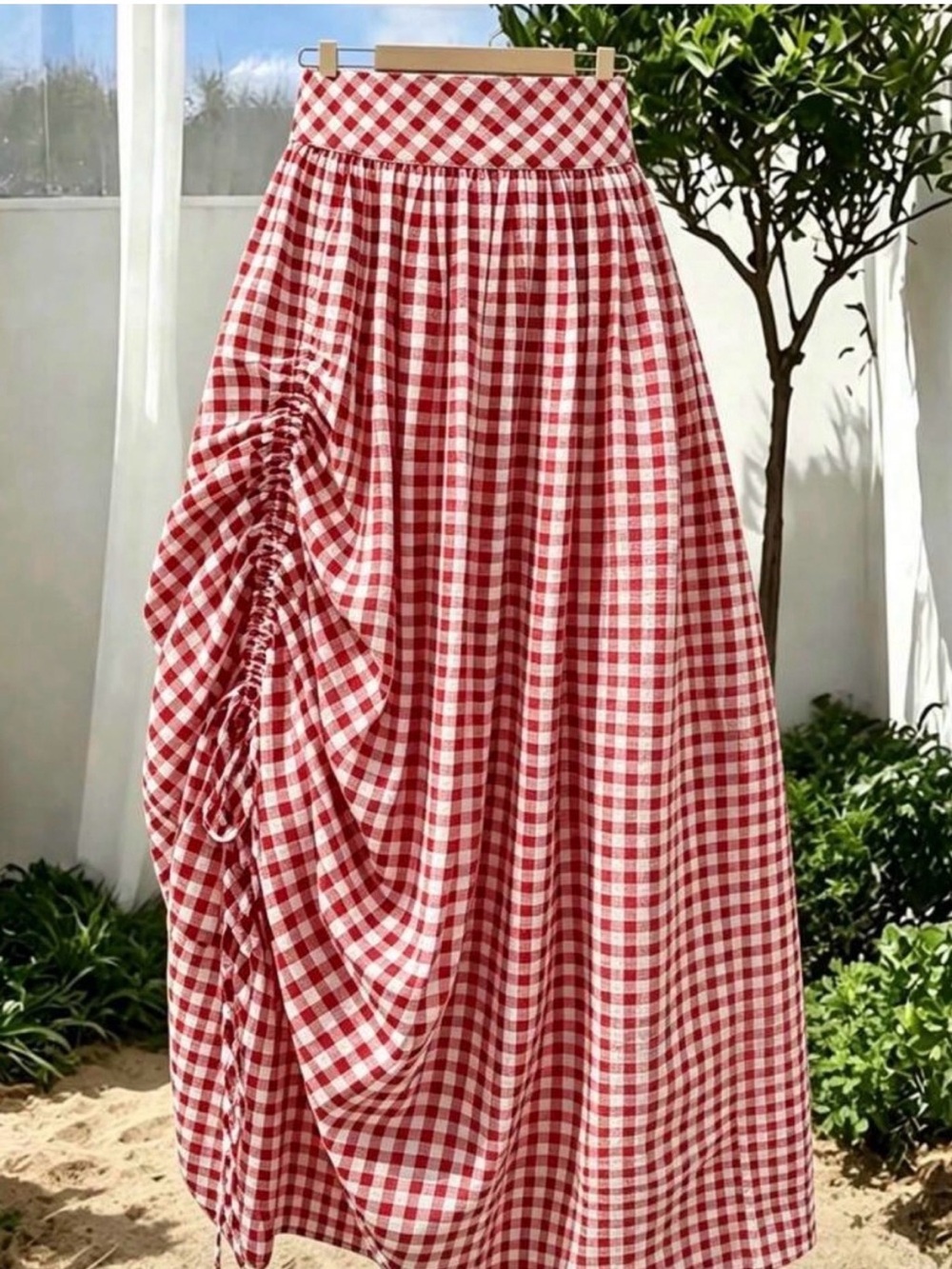 Red Gingham Ruched Midi Skirt -  Women - Picture 2 of 3